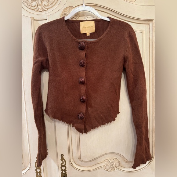 Bubish X REVOLVE Rosette Knit Cardigan in Chocolate Brown worn once - Picture 2 of 4
